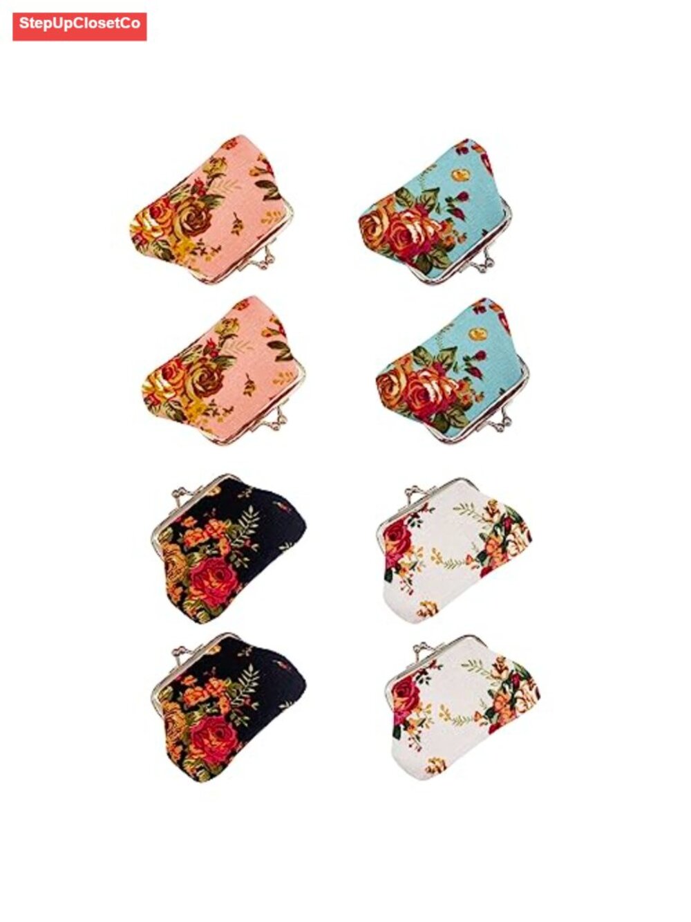 Set of 8 Canvas Coin Purses with Kiss Lock Clasps for Women - Cute Mini Change
